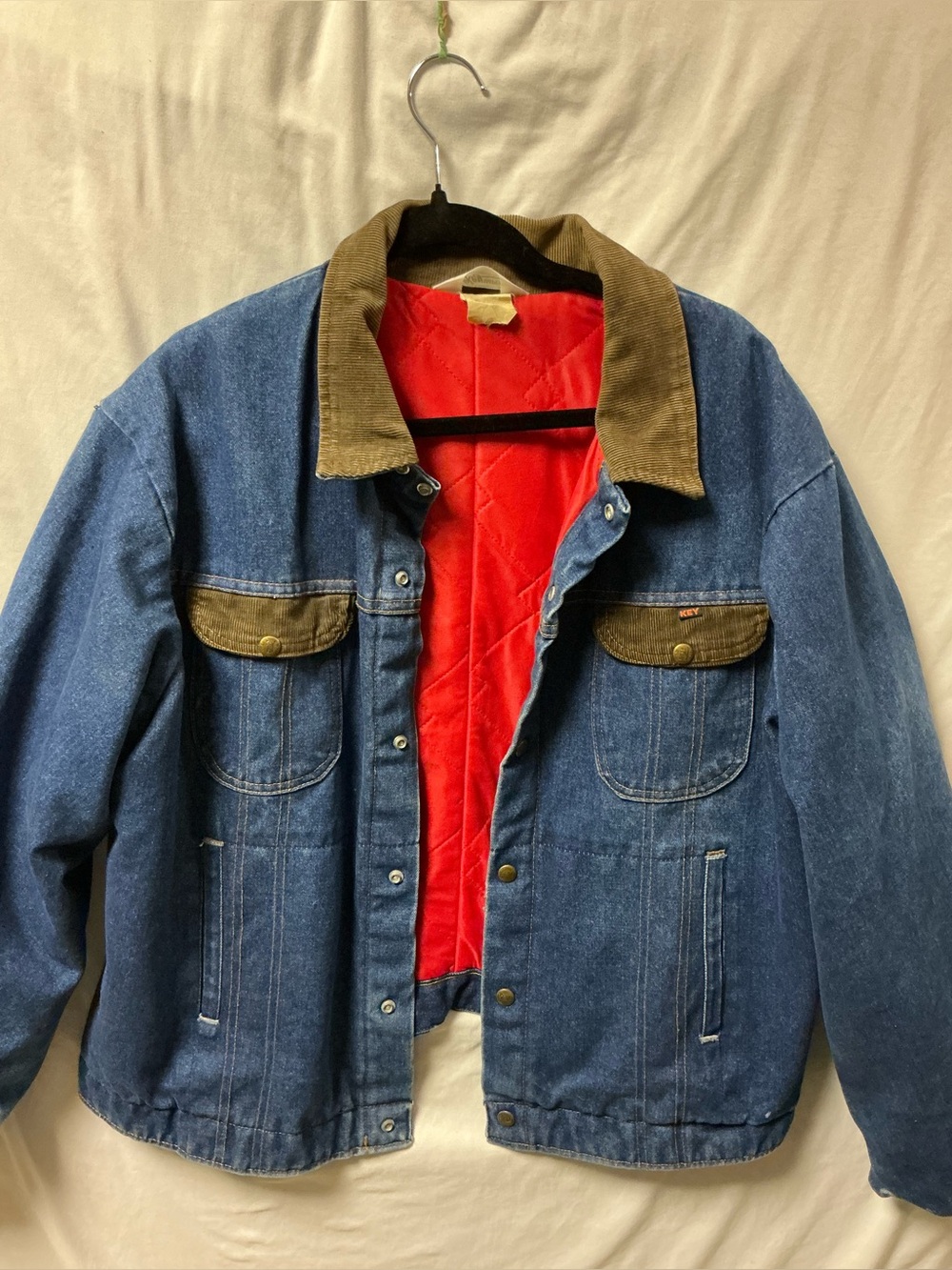 Vintage Men's Denim Bomber Jacket with Corduroy Collar - Blue with Red Lining